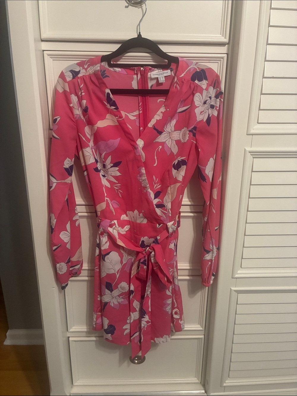 Bright Pink Floral Wrap Romper with Tie Waist zip back and Pockets